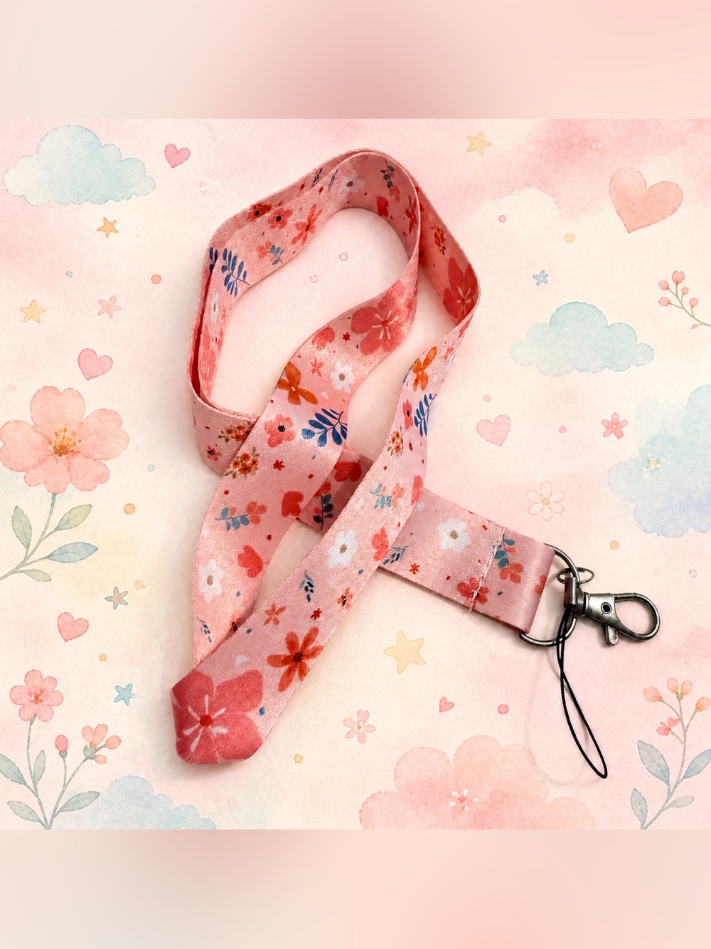 30” 🆕 Pink Floral Lanyard ID Badge Holder Keychain Phone Strap